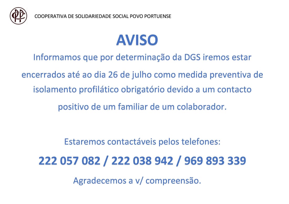 Encerramento da Clínica até ao dia 26 de julho